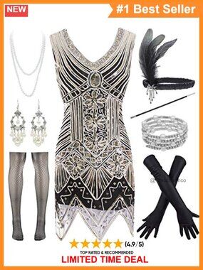 1920s Sequin Flapper Dress V Neck Costume Set with Accessories